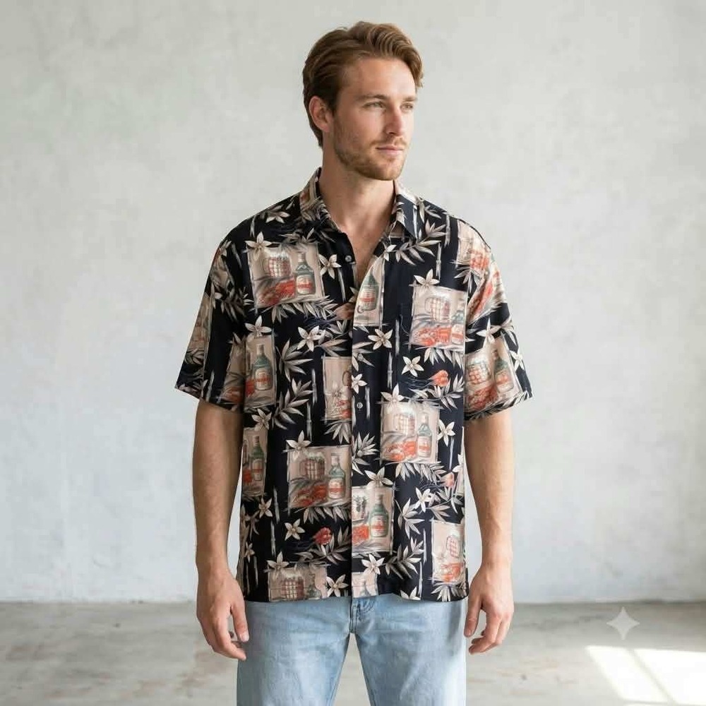 Pierre Cardin Mens XL Black Novelty Beer Lobster Cotton Button Down Shirt